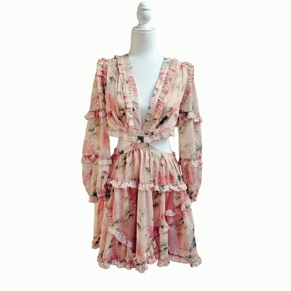 Ruffle Trim Lace-up back Floral Print Deep V-neck Waist Cutout, Size Medium - Picture 3 of 11